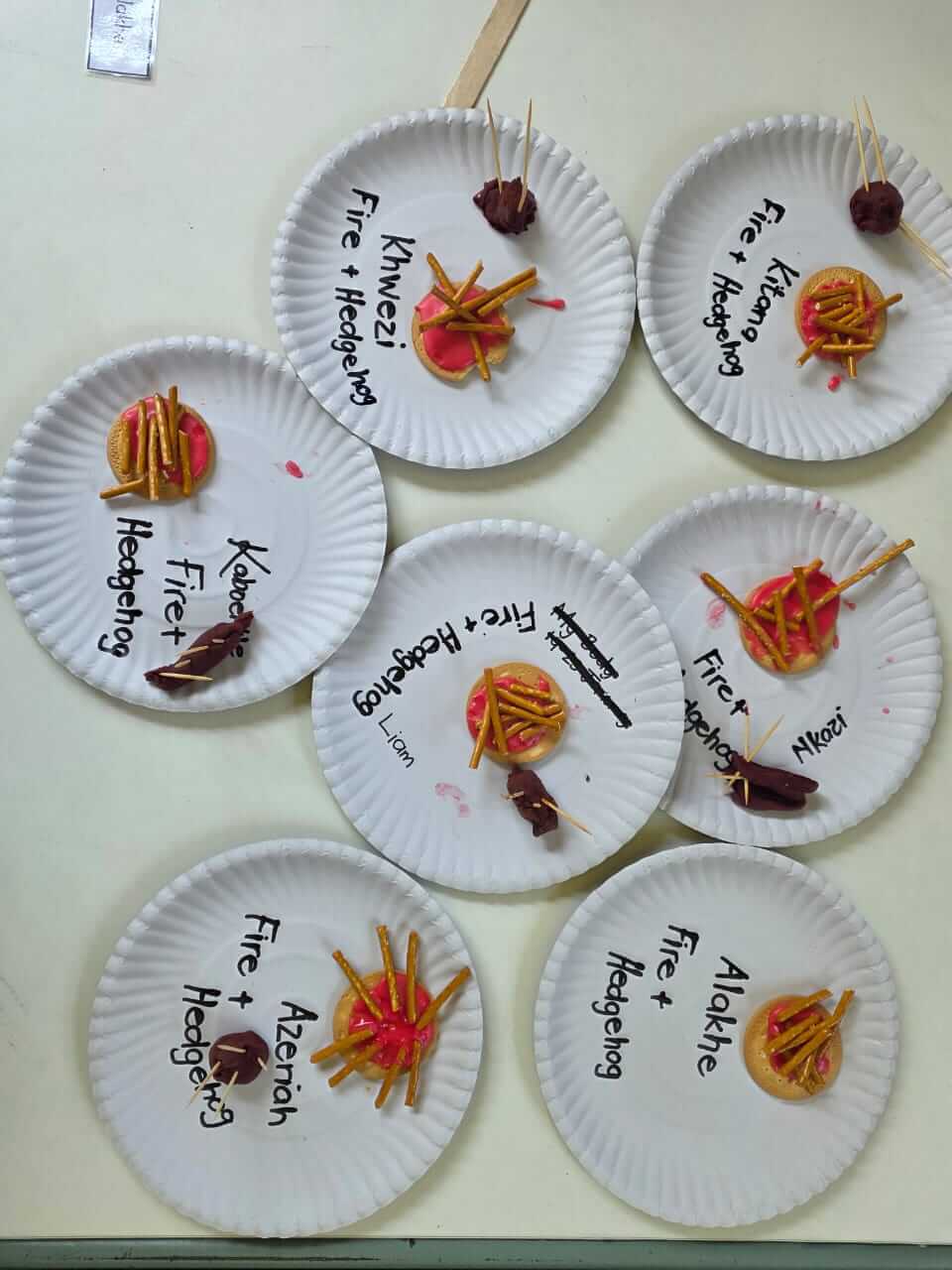 Preschool themed baking activity at Petra Christian Pre-School — multiple paper plates each labelled with a child's name, displaying handmade hedgehog biscuits