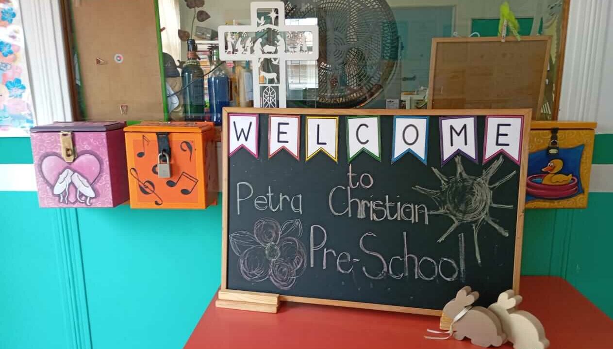Welcome chalkboard sign at the reception area of Petra Christian Pre-School