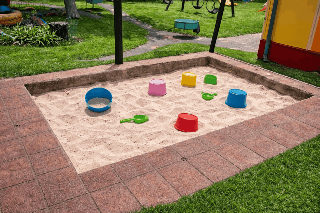 Sunken sandpit at Petra Christian Pre-School, Edenvale — filled with clean sand and colourful plastic buckets and spade